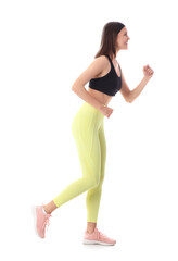 Sporty young woman running marathon on white background