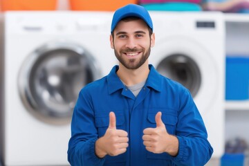 Smiling adult caucasian male laundry worker in blue uniform giving thumbs up.