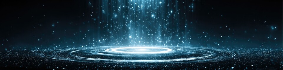 Futuristic Blue Tech Stage with Illuminated Circular Podium and Digital Display: Empty Platform in Dark Space for Product Launches and Tech Events. Creative Abstract Commercial Background for Magazine