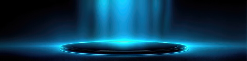 Futuristic Blue Tech Stage with Illuminated Circular Podium and Digital Display: Empty Platform in Dark Space for Product Launches and Tech Events. Creative Abstract Commercial Background for Magazine