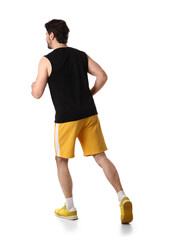 Sporty young man running marathon on white background, back view