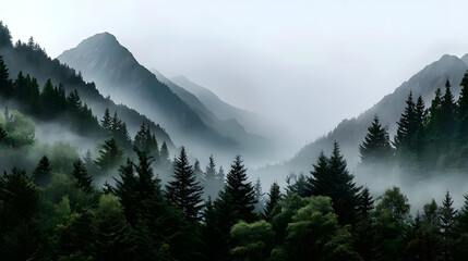 A misty mountain forest in a hipster style, with soft green and grey tones blending together to create a peaceful and tranquil atmosphere.