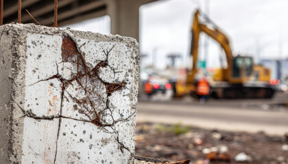 A cracked concrete block with iron rebar, showing signs of environmental impact in the background, surrounded by construction machinery and workers on an urban highway underpass