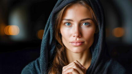 Catholic Christian woman praying devoutly inside church, wearing traditional attire, surrounded by sacred symbols and peaceful ambiance.