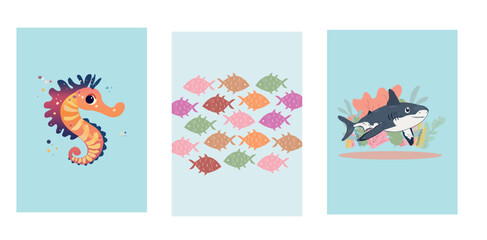 Nursery art,Collection of Cute sea animals ,Funny sea ​​horse,fishes,shark with colorful seaweeds poster for baby room.