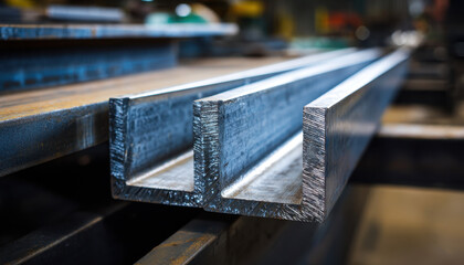 Close-up of steel beams in the workshop, focusing on their structure and quality