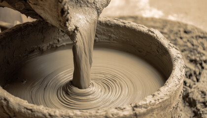 Close-up of a cement mixer, pouring concrete into the bowl, with a spiral pattern on the bottom