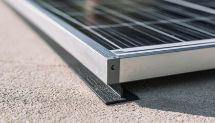 Close-up of the bottom edge and top surface of photovoltaic panels, showcasing their metal frame with an aluminum profile on one side and a black textured film on the other