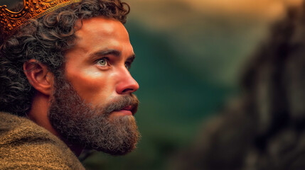 Biblical king wearing a golden crown stands in profile inside an ancient stone castle, gazing at the horizon—spiritual and majestic Old Testament scene.
