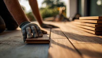 A worker is laying down wooden planks on the deck, showcasing an artistic and professional installation process of outdoor vinyl terrace boards