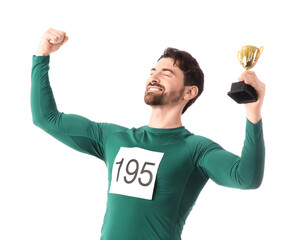 Sporty young man with gold cup for winning marathon celebrating success on white background