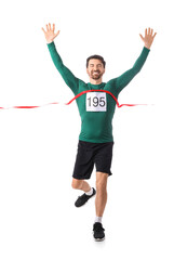 Sporty young man crossing marathon finish line on white background