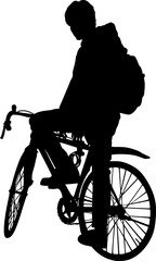 Silhouette on Wheels: A monochrome silhouette depicts a solitary individual with a backpack, perched atop a bicycle. The graphic illustrates movement, urban life, and the appeal of cycling. 