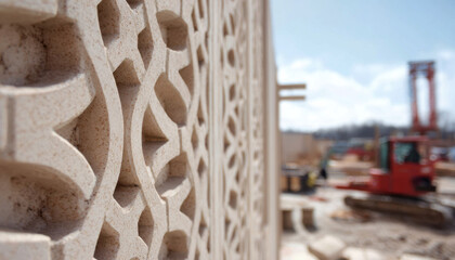 Close-up of laser-cut sandstone panels with intricate geometric patterns, showcasing the precision and detail in their creation process
