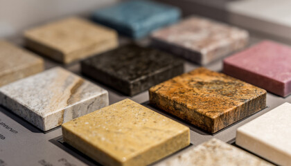 A close-up of various colors and patterns in natural stone samples, displayed on an interactive display board for kitchen countertop choices with color swatches