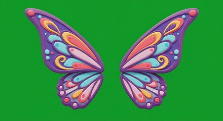 vector cartoon set of colorful butterfly wings with patterns, fantasy icon, centered on isolated green screen
