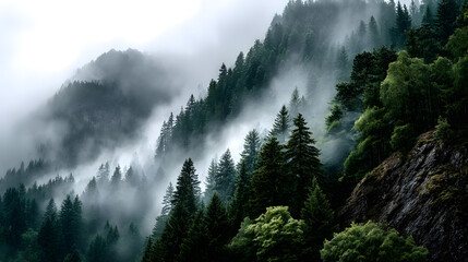 A misty mountain forest with soft green and grey colors, the trees emerging from the fog and creating a vintage, tranquil atmosphere.