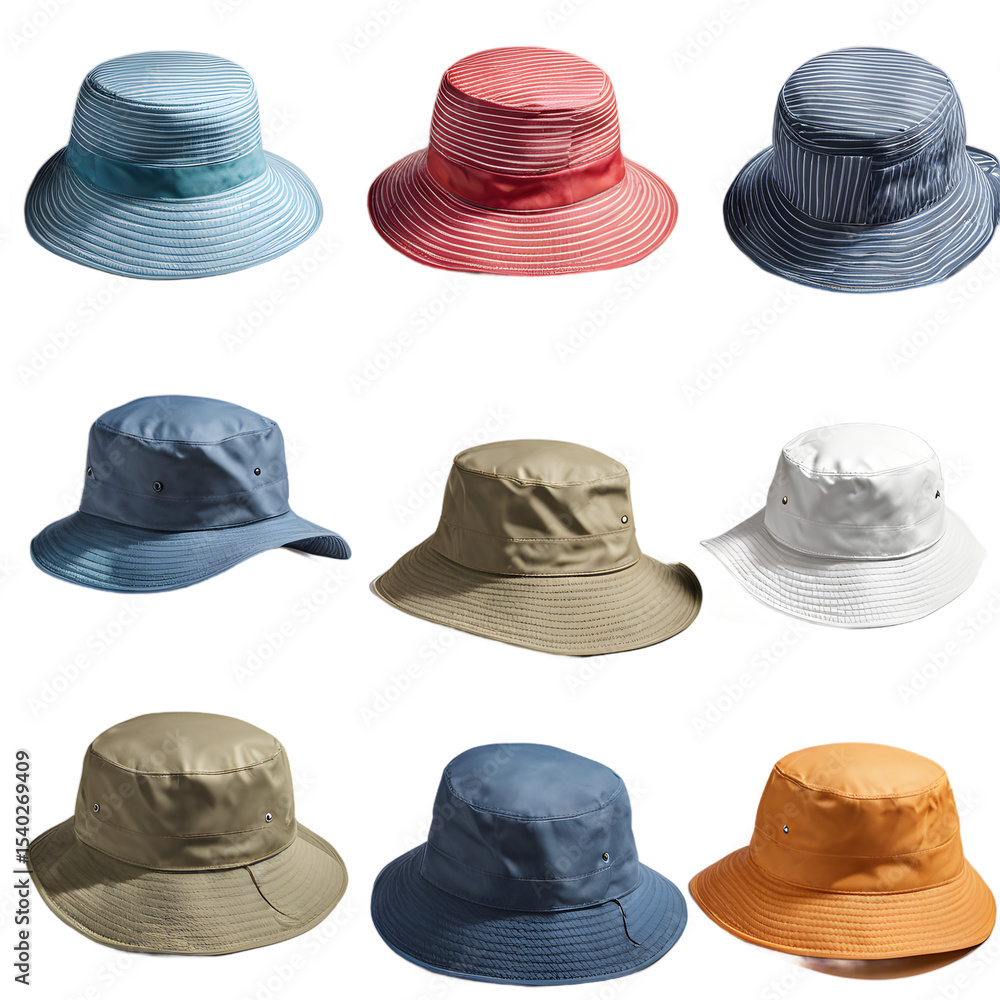 Poster a colorful summer bucket hat with wide brim, isolated on a empty plain background
