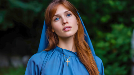 Portrait of a Christian woman with peaceful expression, embodying faith, spirituality, devotion, and grace in soft natural light.