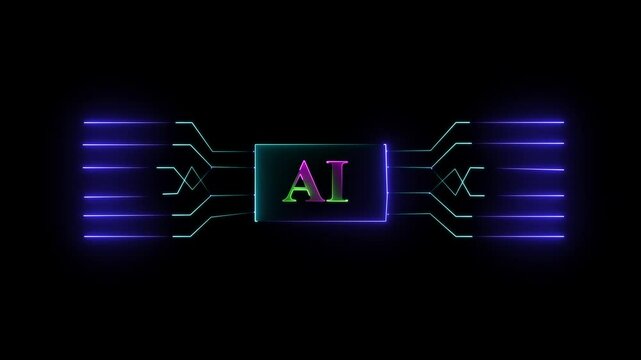 Motion graphic of digital AI logo with futuristic technology . Chat with AI or board, microchip, Futuristic Screen on 4k AI Circuit 