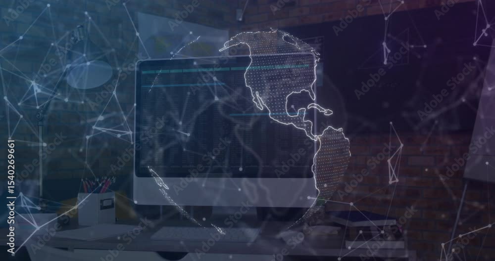 Poster network nodes flickering and connecting into rotating wireframe globe, visualizing global data flow