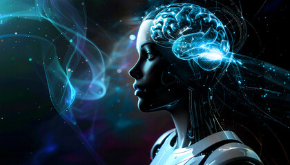 女性の横顔のAIロボット、見つめる瞳、脳と回路が融合したイラスト素材、生成AI画像