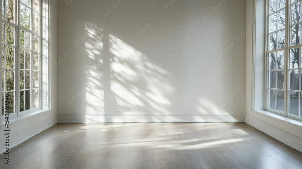Poster bright, empty room with large windows creating light and shadows on floor