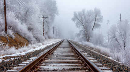 Fototapeta premium Snow-covered railway disappearing into dense fog, winter travel concept, mysterious cold landscape, moody atmospheric scene, remote snowy train tracks
