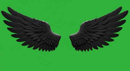 vector cartoon black angel wings with soft feathers, spread open, centered on isolated green screen background
