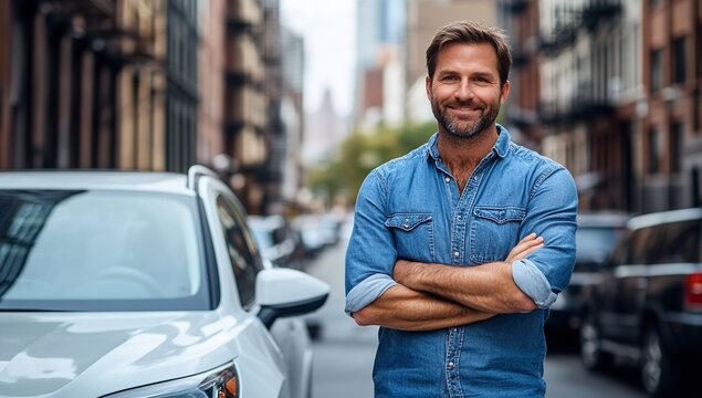 Confident Man in Blue Shirt Standing Proudly Beside White Car on City Street with Urban Buildings in Background - Powered by Adobe