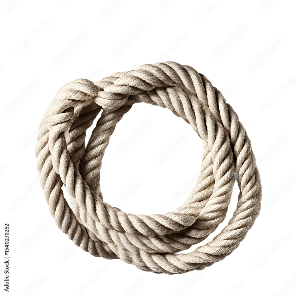 Poster a coiled rope lasso with knot, ready to throw, isolated on a empty plain background