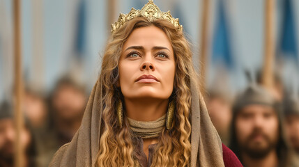 Elegant portrait of a biblical queen, radiating beauty, dignity, and strength, adorned in ancient royal attire.