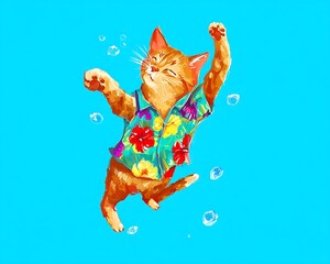 Cute ginger cat in floral shirt, floating