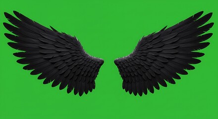 vector cartoon black angel wings with soft feathers, spread open, centered on isolated green screen background
