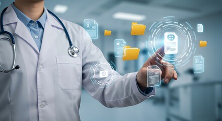 Woman doctor's hand presses a futuristic virtual button on a digital screen, symbolizing the intersection of technology and modern medicine in healthcare