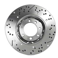 A car brake disc with drilled holes, isolated on a empty plain background