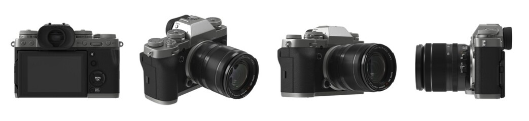 Fototapeta premium camera is shown in four different angles isolated. camera has a black leather body and a black lens.