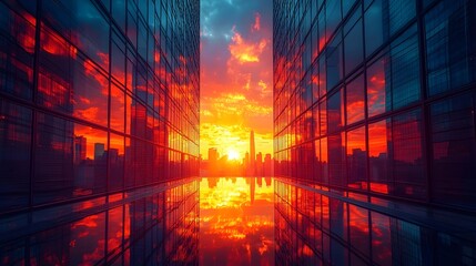 Dramatic sunset behind a cityscape of towering skyscrapers