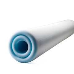 A bright foam pool noodle, slightly bent, isolated on a empty plain background