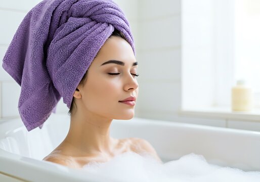 Woman relaxing in bathtub with towel on head and eyes closed ai generated