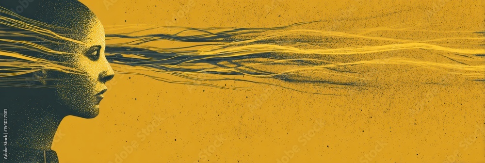 Poster stylized head with exploding lines symbolizing the chaos of anxiety and stress in a vibrant yellow b