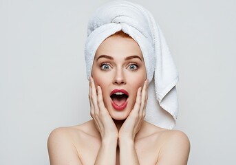Surprised woman with a towel on her head, with open mouth ai generated
