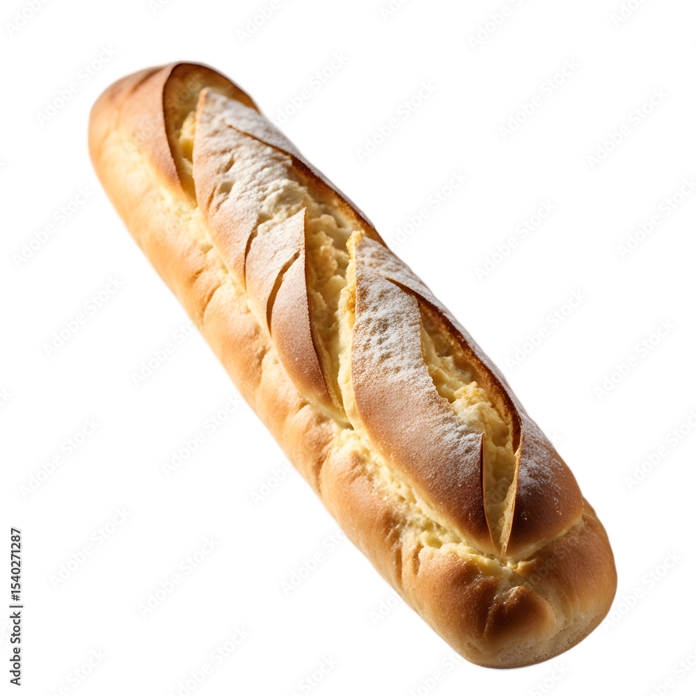 Poster a fresh french baguette with golden crust, isolated on a empty plain background