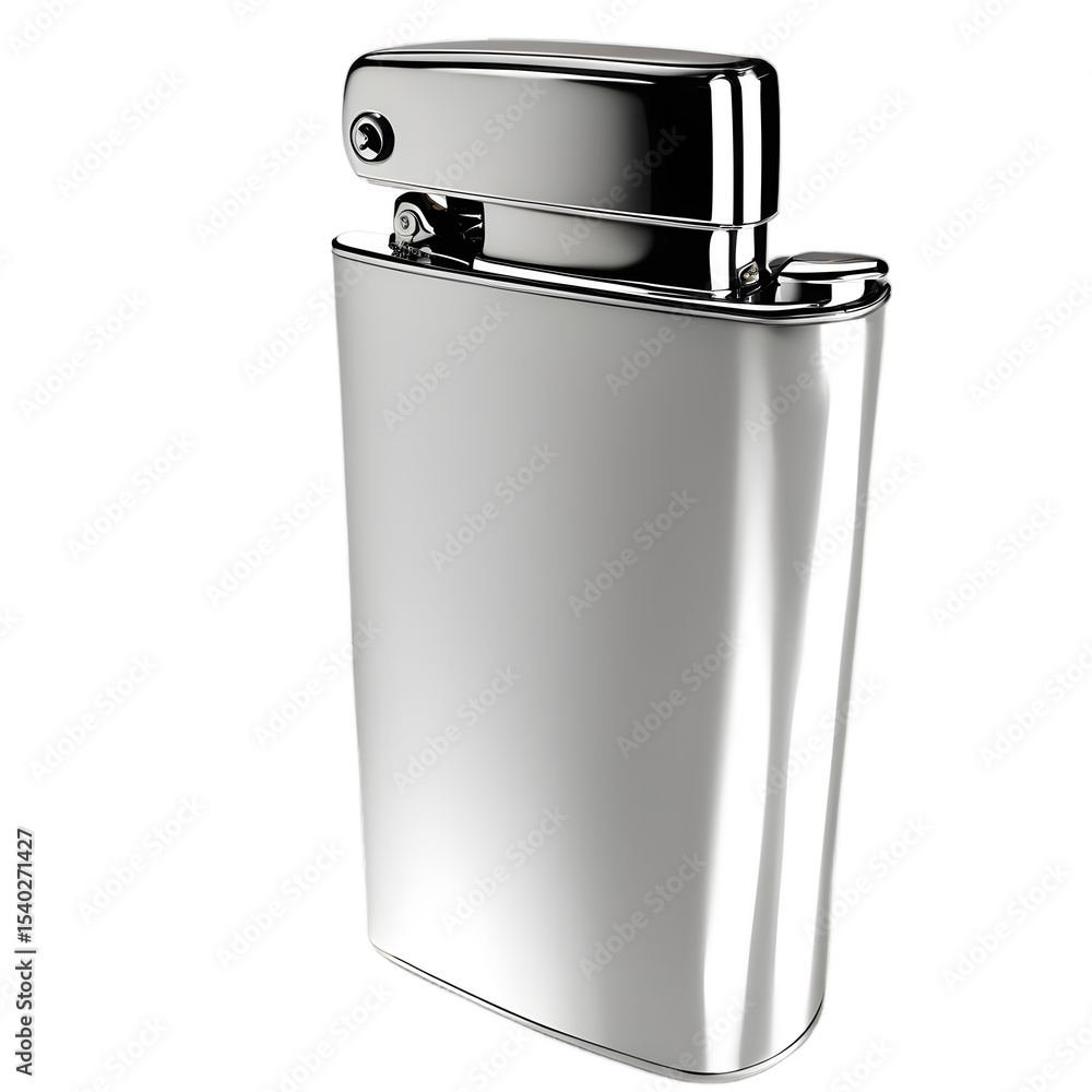 Poster A metallic lighter with a shiny finish and flip-top lid, isolated on a empty plain background