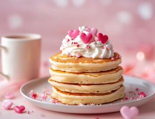 Stack of fluffy pancakes topped with whipped cream, heart-shaped sprinkles, and a cup of coffee