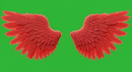 vector cartoon red angel wings with soft feathers, spread open, centered on isolated green screen background

