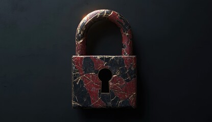 Dark, aged padlock with cracked, red-black design