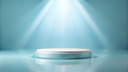 “Floating white podium with light blue gradient background and soft reflections”