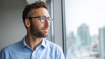 Obraz premium Caucasian young adult male in blue shirt looking out window at urban skyline.