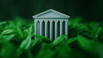 A classical Greek temple model surrounded by lush green leaves, symbolizing the harmony between architecture and nature.